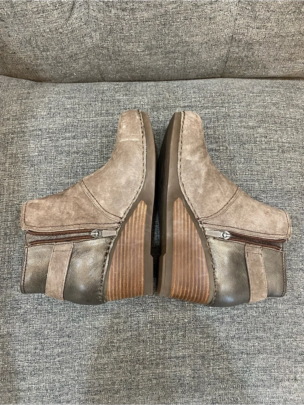 Dansko Taupe Suede Wedge Ankle Boots with Dark Brown Heel